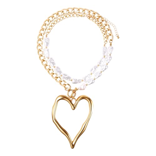 Cupimatch Y2K Damen Halskette Set: 2-teilige Boho Chunky Perlenkette mit übergroßem Herz Anhänger 90er jahre stil Vintage Mehrschichtige Kurze Kette Retro Halsband Modeschmuck für Frauen Mädchen von Cupimatch