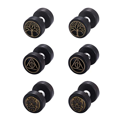 Cupimatch Ohrstecker Herren Ohrringe 3 Paar Holz Earrings Klassische Vintage Hölzerne Unisex Runde Titan-Ohrringe Set Lebensbaum Hantel Ohrringe für Männer Frauen von Cupimatch