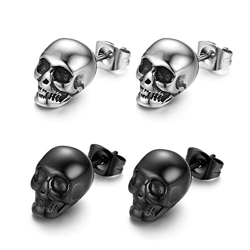 Cupimatch Totenkopf Piercing Ohr Herren Ohrringe Schädel Ohrstecker Edelstahl Hip Hop Punk Jazz Ohr Schmuck für Männer Jungen, Silber Schwarz von Cupimatch