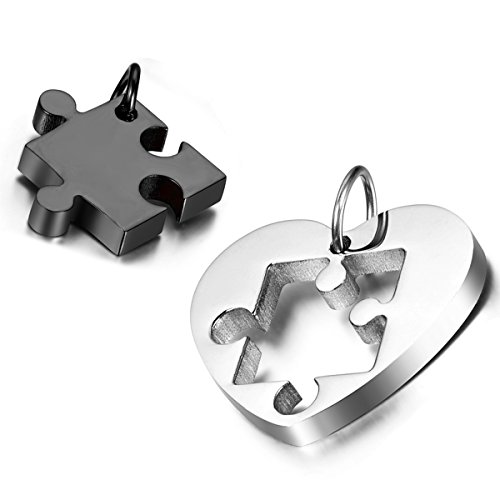 Cupimatch Paar Puzzle Ketten Freundschaftsketten, Edelstahl Strass Kompass Puzzle Partner Anhänger römische Ziffern, Kette Halskette für Damen 45cm Herren 55cm, Valentinstag Paar Geschenk Silber von Cupimatch