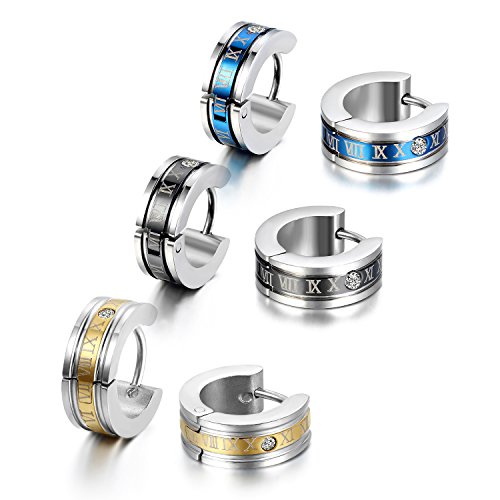 cupimatch 3 Paar Vintage Edelstahl Huggie Scharnier Creolen cz Piercing für Männer Frauen mit römischen numerischen Gravieren 4 mm von Cupimatch