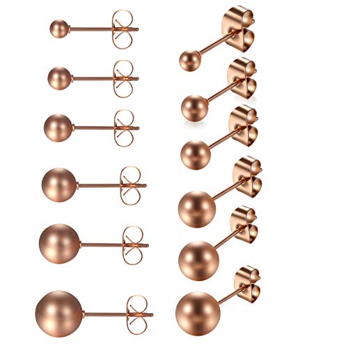 cupimatch 6 Paar Frauen schwarz Edelstahl rund Kugel Ohrstecker Ohrringe Set verschiedene Größen 3 mm - 8 mm (Rosegold) von Cupimatch