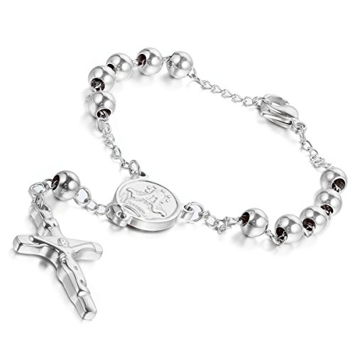 Cupimatch Damen Herren Religiöse Silber Ton Edelstahl Rosenkranz Wundertätige Medaille Kruzifix Kreuz Charme Link Kette Armband 21,8 cm von Cupimatch