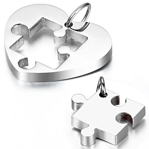 Cupimatch Valentinstagsgeschenk Freundschaftsketten Herz Form Paar Halskette, Edelstahl Puzzle Anhänger mit 2 Halsketten 54 cm / 45 cm für Damen Herren, silber von Cupimatch