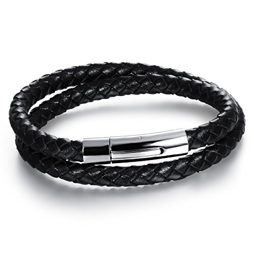 Cupimatch Herren Edelstahl Magnetverschluss Geflochtenes Lederseil Armband Manschette, 7.9 inches, Leder, ohne Stein von Cupimatch