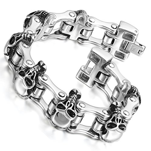 Cupimatch Herren Totenkopf Armband, Schwer Groß Breit Edelstahl Link Handgelenk Schädel Biker Armreif, Fahrrad Motorrad Kette, silber von Cupimatch