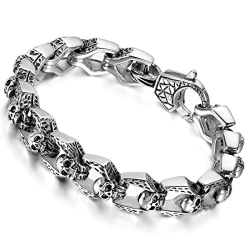 Cupimatch Herren Totenkopf Armband, 13mm schwer Groß Breit Edelstahl Link Handgelenk Schädel Biker Armreif, Fahrrad Motorrad Kette, silber von Cupimatch