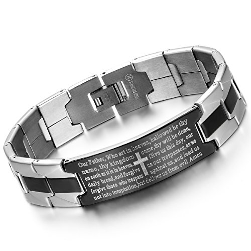 Cupimatch Armband Herren Edelstahl Bibel Kreuzarmband Armreif, Religiöses Englisch vaterunser Kreuz Armschmuck Silber Schwarz von Cupimatch