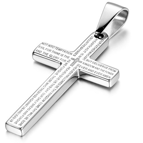 Cupimatch Bibel Gebet Kreuz Edelstahl Anhänger, Halskette mit 55cm Kette für Herren Damen, Silber von Cupimatch