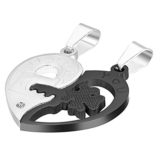 Cupimatch Herz Anhänger Paar Halsketten: Edelstahl Pärchen BFF Ketten Set für sie und Ihn Schlüssel/Schloss mit I LOVE YOU Gravur Freundschaftskette Valentinstag Geschenk für Partner, Schwarz Silber von Cupimatch