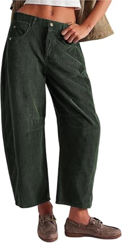 Cordhose für Damen – mittelhohe Taille mit elastischer Taille, lässige Hose mit weitem Bein, weite Beine, weite Taille, kurze Jeans, Vintage, elegant, bequem, dunkelgrün, X-Large von CupitiDU