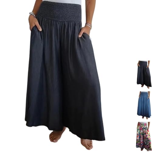 CupitiDU Breiter Rock mit elastischem Bund, bequemer Stretch-Boho-Stil, fließend, A-Linie, langer Maxirock mit Taschen, schwarz / grau, 3XL von CupitiDU