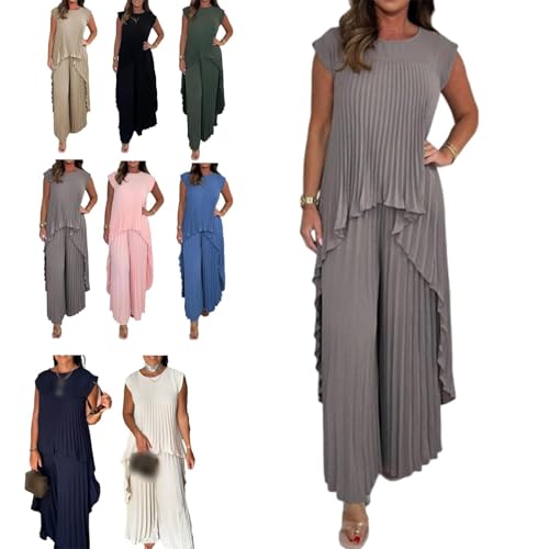 CupitiDU Plissiertes kurzärmeliges unregelmäßiges Midi-Oberteil und elastische Taille, weites Bein, zweiteiliges Sommer-Outfit für Damen zum Ausgehen, grau, XL CupitiDU Plissiertes kurzärmeliges unregelmäßiges Midi-Oberteil und elastische Taille, weites Bein, zweiteiliges Sommer-Outfit für Damen zum Ausgehen, grau, XL von CupitiDU