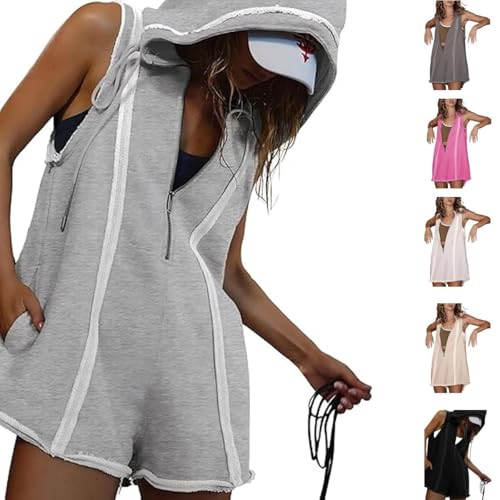 CupitiDU Sportlicher einteiliger Jumpsuit mit halbem Reißverschluss und Kordelzug, mit Kapuze, freiliegende Nähte, lässiger ärmelloser Jumpsuit für den Sommer, grau, L CupitiDU Sportlicher einteiliger Jumpsuit mit halbem Reißverschluss und Kordelzug, mit Kapuze, freiliegende Nähte, lässiger ärmelloser Jumpsuit für den Sommer, grau, L von CupitiDU