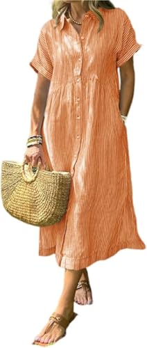 Gestreiftes Hemdkleid mit Revers, Knopfleiste und funktionalen Taschen, lässiges Sommerkleid, lockere Passform, Maxi-Hemdkleid, Orange, M von CupitiDU