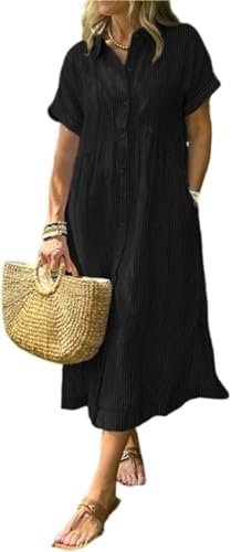 Gestreiftes Hemdkleid mit Revers, Knopfleiste und funktionalen Taschen, lässiges Sommerkleid, lockere Passform, Maxi-Hemdkleid, Schwarz , XXL von CupitiDU