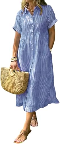 Gestreiftes Hemdkleid mit Revers, Knopfleiste und funktionalen Taschen, lässiges Sommerkleid, lockere Passform, Maxi-Hemdkleid, blau, M von CupitiDU