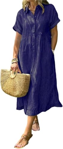 Gestreiftes Hemdkleid mit Revers, Knopfleiste und funktionalen Taschen, lässiges Sommerkleid, lockere Passform, Maxi-Hemdkleid, marineblau, M Gestreiftes Hemdkleid mit Revers, Knopfleiste und funktionalen Taschen, lässiges Sommerkleid, lockere Passform, Maxi-Hemdkleid, marineblau, M von CupitiDU