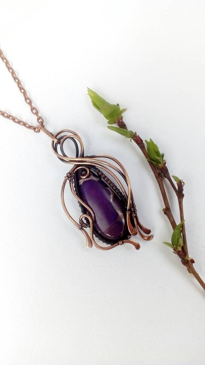 Jaspis Kupfer Halskette Dunkel Violett Edelstein Draht Gewickelt Schmuck Hochzeit Jahrestagsgeschenk Für Frau Boho Wirewrap Handwerker von CuprumJewelryArt