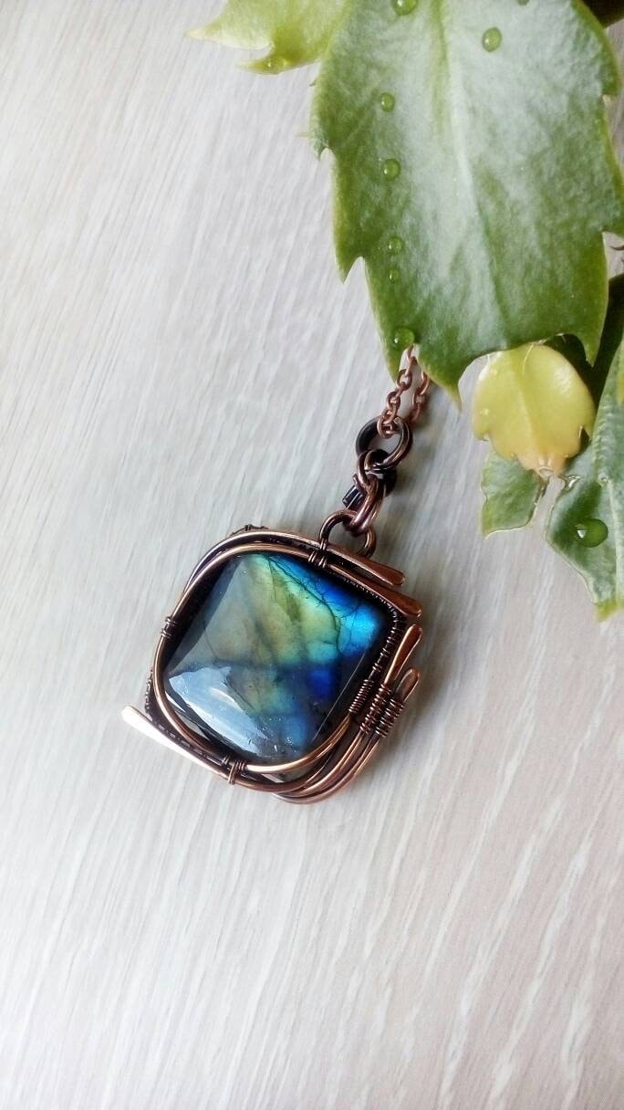 Labradorit Männer Anhänger Draht Gewickelt Kupfer Schmuck Schwarz Mondstein Halskette Unisex Geschenk Für Frau Boho Vater Amulett 30 Geburtstag von CuprumJewelryArt