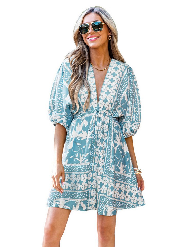 Cupshe Minikleid Floral Dolman Kleid mit Puffärmeln Rüschensaum, mit allover print, Krawatte vorne von Cupshe