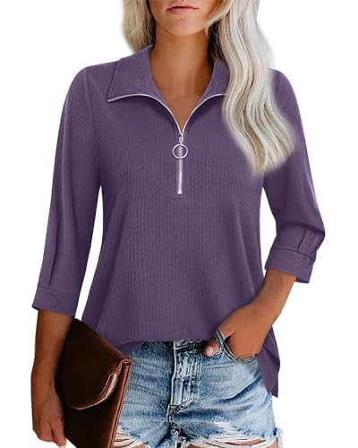 Cuptacc Bluse Damen 3/4 Länge Ärmel Elegant V-Ausschnitt Oberteil Langarm Shirt Mit Half Zip Kragen Sommer Herbst Elegantes Lila Mittel M 38-40 von Cuptacc