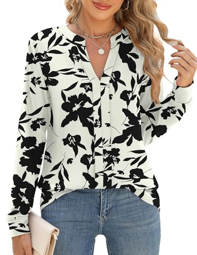 Cuptacc Bluse Damen Blusen V-Ausschnitt Basic Langarmshirt Casual Business Outfit Damen Herbst Aprikose Schwarz Blume, XXL 50 von Cuptacc