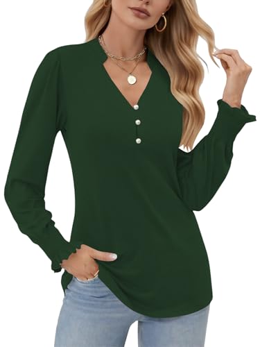 Cuptacc Bluse Damen Blusen V-Ausschnitt Basic Langarmshirt Casual Business Outfit Damen Herbst Armee Grün, Groß L 42-44 von Cuptacc