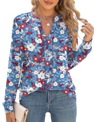 Cuptacc Bluse Damen Blusen V-Ausschnitt Basic Langarmshirt Casual Business Outfit Damen Herbst Blau Rot Blume, XXL 50 von Cuptacc