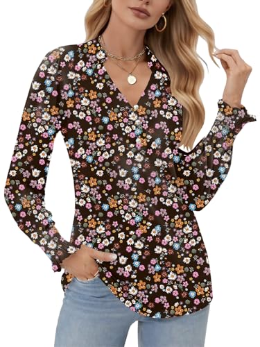 Cuptacc Bluse Damen Blusen V-Ausschnitt Basic Langarmshirt Casual Business Outfit Damen Herbst Schwarz Rosa Blume, XL 46-48 von Cuptacc