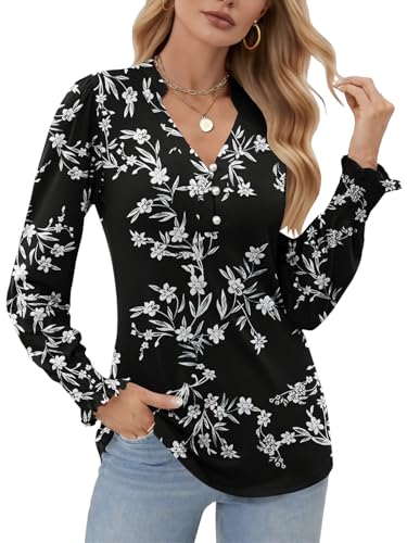 Cuptacc Bluse Damen Blusen V-Ausschnitt Basic Langarmshirt Casual Business Outfit Damen Herbst Schwarz Weiß Bambus Blume, XXL 50 von Cuptacc