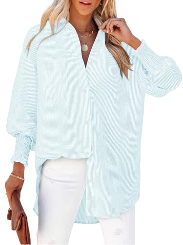 Cuptacc Bluse Damen Elegant V Ausschnitt Langarm Knöpfen Tunika Gesmokten Stulpe Gestreifte Blusen Lose Luftig Fließend Oberteile Himmelblaue Streifen S von Cuptacc