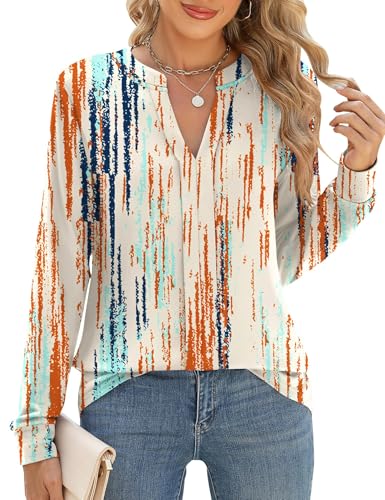 Cuptacc Bluse Damen Elegant V-Ausschnitt Pullover Damen Herbst Plissiert Langarmshirt Oberteile Basic T Shirt Bunt Streifen, Groß L 42-44 von Cuptacc