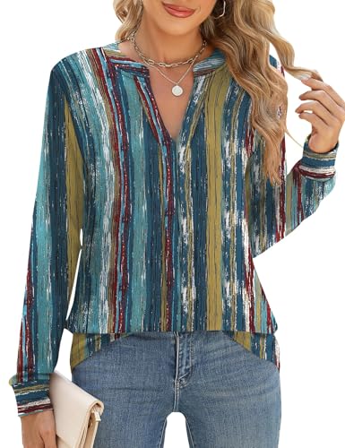 Cuptacc Bluse Damen Elegant V-Ausschnitt Pullover Damen Herbst Plissiert Langarmshirt Oberteile Basic T Shirt Rot Grün Streifen, Groß L 42-44 von Cuptacc