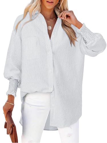 Cuptacc Bluse Damen Gestreift Langarm V-Hals Blusen Armfett Verstecken Knopfleiste Blusen Damen Lässig Gesmokt Manschette Oberteil Große Größen Graue Streifen XXXL von Cuptacc