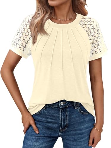 Cuptacc Bluse Damen Kurzarm Mit Spitzen Ärmel Sommer Tops Pleated Front Casual Einfarbig Tunic Shirt Tops Aprikose, XXL 50 von Cuptacc