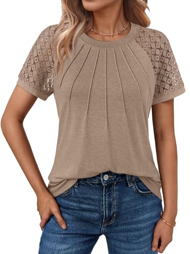 Cuptacc Bluse Damen Kurzarm Mit Spitzen Ärmel Sommer Tops Pleated Front Casual Einfarbig Tunic Shirt Tops Khaki, XXL 50 von Cuptacc