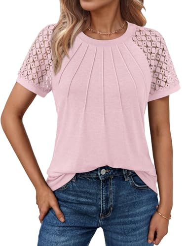 Cuptacc Bluse Damen Kurzarm Mit Spitzen Ärmel Sommer Tops Pleated Front Casual Einfarbig Tunic Shirt Tops Rosa, XXL 50 von Cuptacc