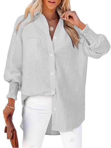Cuptacc Bluse Damen Langarm Baumwolle Streifen Lässig Blusen Blusen Damen Eleganz V-Ausschnitt Lose Tunika Mode Smocked Stulpe Oberteile Schwarze Streifen XL von Cuptacc
