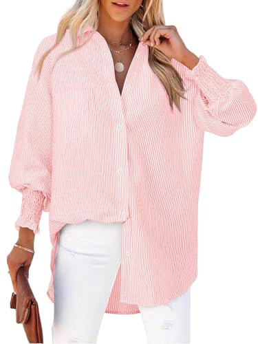 Cuptacc Bluse Damen Langarm Freizeit V-Hals Striped Knöpfen Oberteil Leicht Und Luftig Brusttasche Blusen Fashion Smocked Bündchen Tuniken Rote Streifen L von Cuptacc