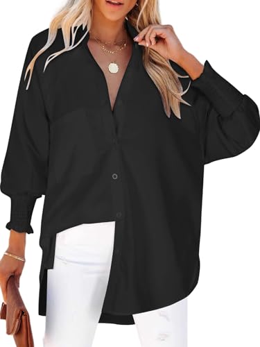 Cuptacc Bluse Damen Langarm Lockere Einfarbigee Blusen für Damen Eleganz Elastische Bündchen Oversize Hemd V-Kragen Lightweight Airy Knopf Tunika Schwarz M von Cuptacc