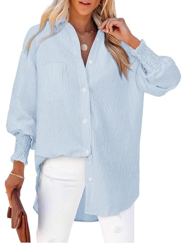 Cuptacc Bluse Damen Langarm Lockere Gestreifte Blusen für Damen Eleganz Falten Manschette Hemd V-Kragen Lightweight Airy Knopf Tunika Große Größen Blau Streifen XXXL von Cuptacc