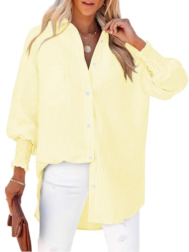 Cuptacc Bluse Damen Langarm Lockere V Ausschnitt Button-Down Shirts Eleganz Gestreift Breathable Blusen Damen Mit Smocked Bündchen Größen Weiß Gelbe Streifen XXL von Cuptacc