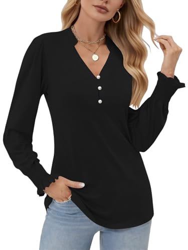 Cuptacc Bluse Damen Langarmshirt Elegant V-Ausschnitt Oberteile Damen Herbst Puffärmel Pullover Tunika Basic Tshirt Schwarz, Klein S 36 von Cuptacc