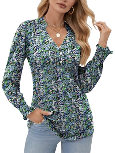 Cuptacc Bluse Damen Langarmshirt Elegant V-Ausschnitt Oberteile Damen Herbst Puffärmel Pullover Tunika Basic Tshirt Schwarz Blau Blume, XL 46-48 von Cuptacc