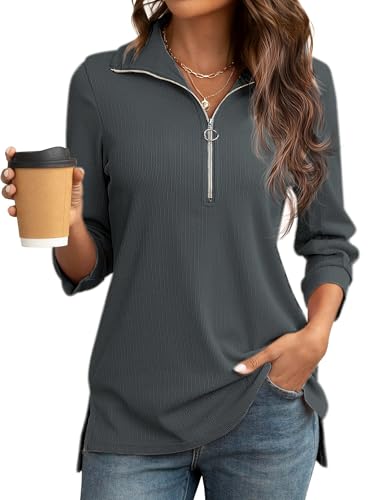 Cuptacc Damen Tshirt Elegant V Ausschnitt 3/4 Arm Blusen Damen Half Zip Design Trendy Oberteile Solid Color Atmungsaktiv Tunika Dunkelgrau M von Cuptacc