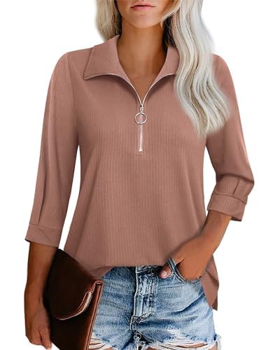 Cuptacc Bluse Damen V-Ausschnitt Business 3/4 Kurz Ärmel Tunika Mode Half Zip Design Langarm Hemd Tops Henley Shirt Herbst Dunkelrosa Klein S 34-36 von Cuptacc