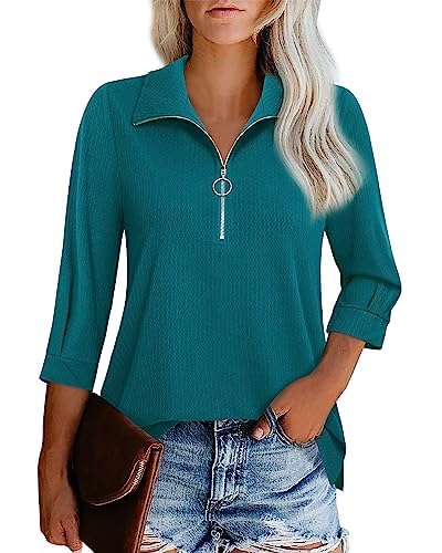 Cuptacc Bluse Damen V-Ausschnitt Business 3/4 Kurz Ärmel Tunika Mode Half Zip Design Langshirt Langarm Hemd Tops Henley Shirt Herbst Grün 2XL 50-52 von Cuptacc