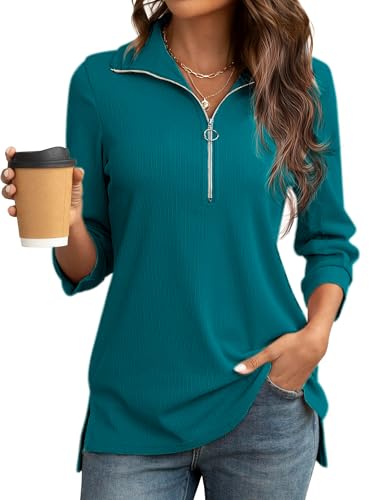 Cuptacc Bluse Damen V-Ausschnitt Business 3/4 Kurz Ärmel Tunika Mode Half Zip Design Poloshirt Damen Sommer Grün Mittel M 38-40 von Cuptacc