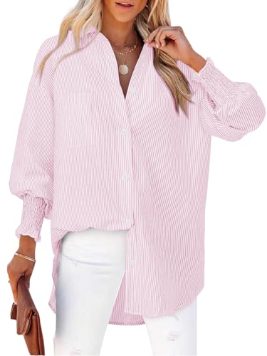 Cuptacc Blusen Damen Langarm V Ausschnitt Striped Knöpfen Bluse Lockere Passform Baumwolle Oversize Button-Down Shirts Mit Falten Bündchen Rosa Streifen XL von Cuptacc